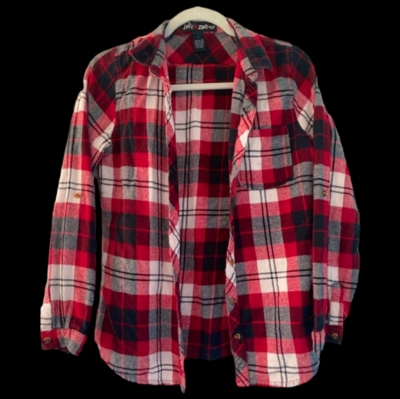 Polly & Esther LG Red Plaid Flannel Button Down Shirt - Picture 3 of 10